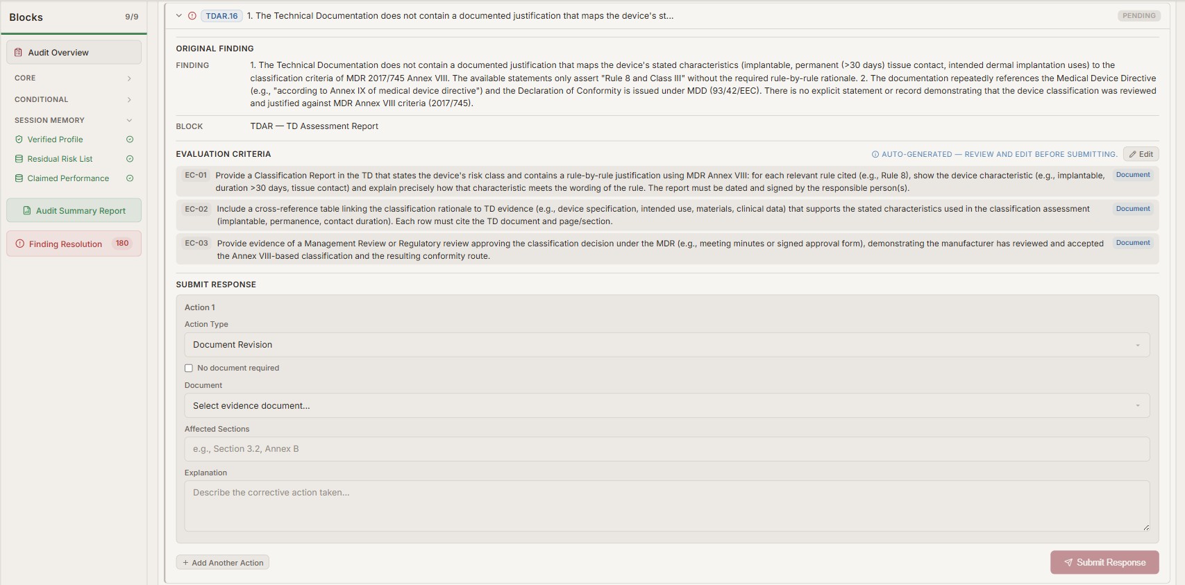 Finding resolution screen showing the original finding, evaluation criteria, and corrective action submission form