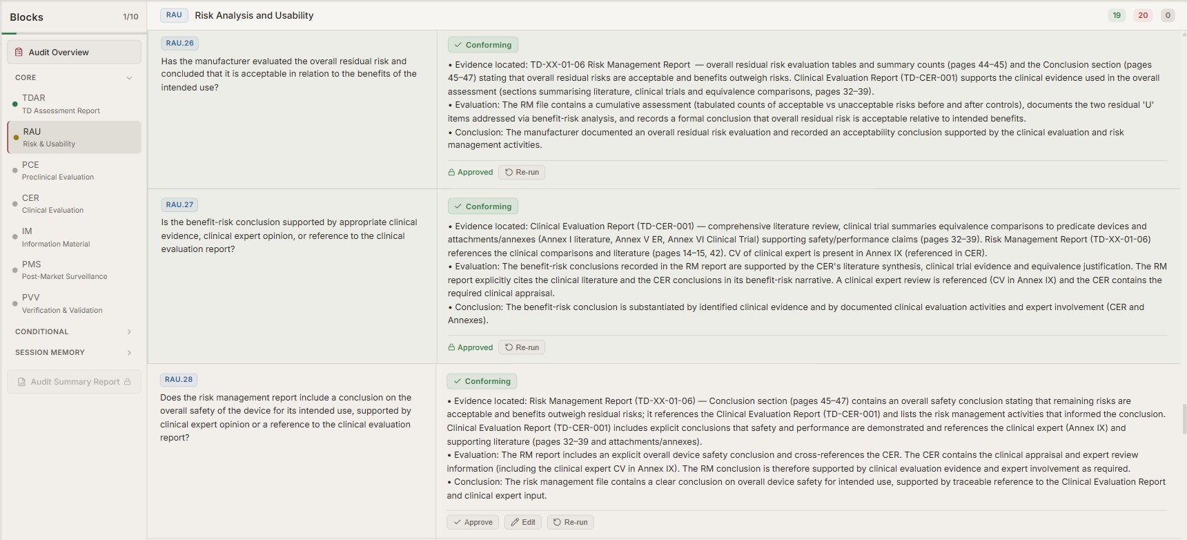 RAU block showing conforming questions with evidence-based evaluation and reviewer approval