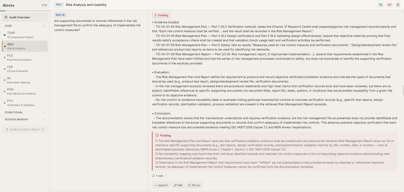 Assessment block showing a finding with evidence, evaluation, conclusion, and regulatory reference