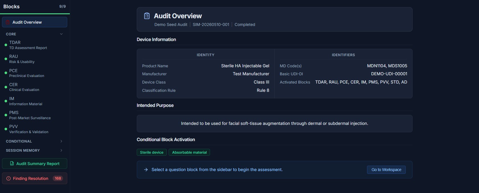 Audit Overview screen showing device profile, identifiers, and activated assessment blocks