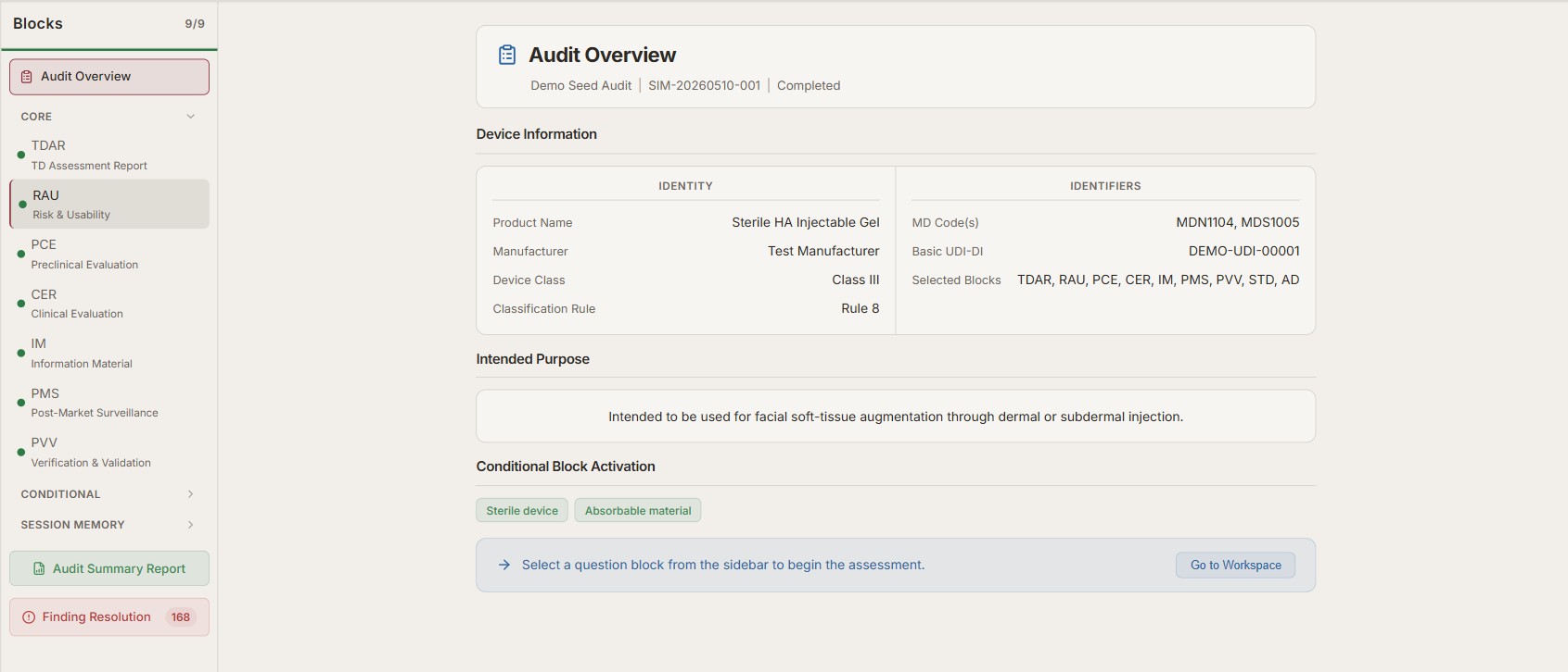 Audit Overview screen showing device profile, identifiers, and activated assessment blocks