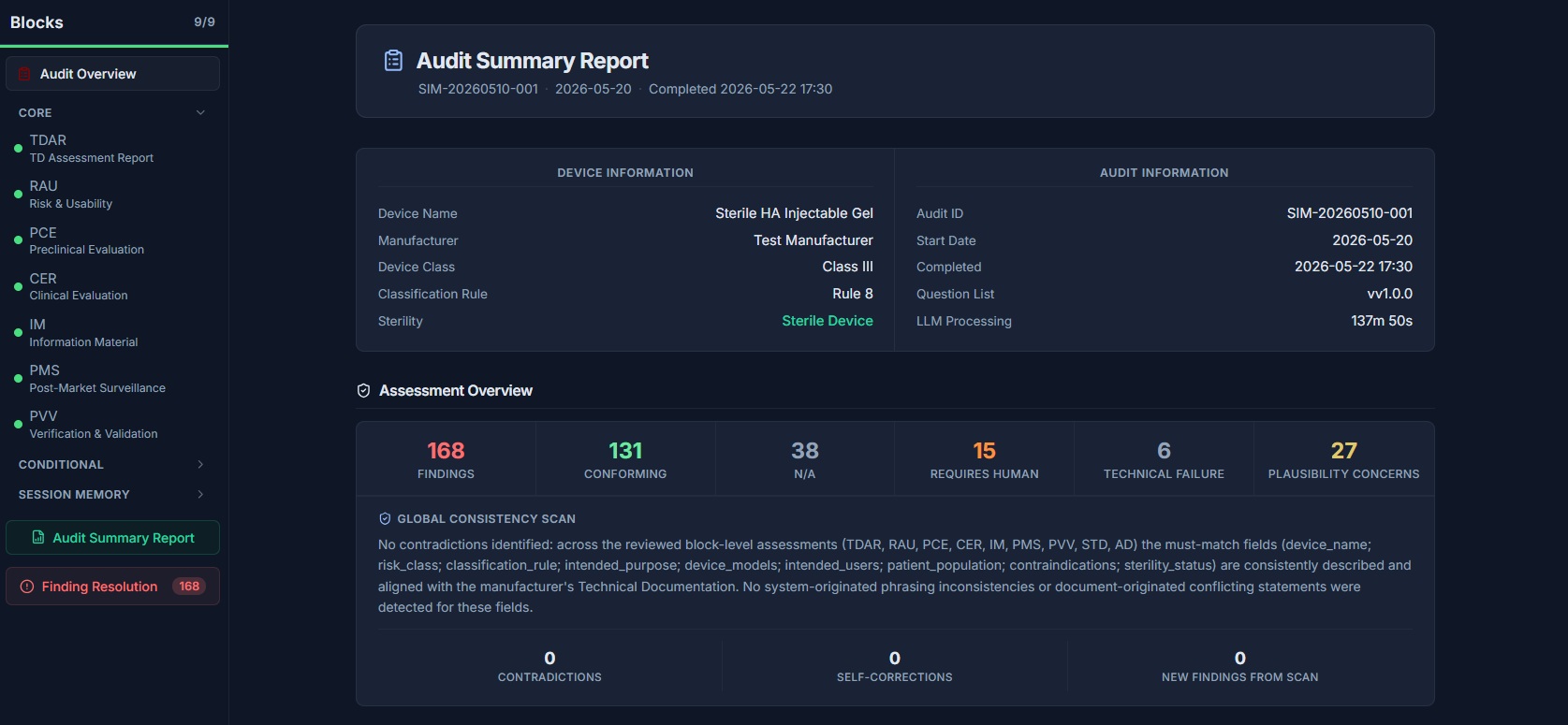 Audit Summary Report showing device information, audit metadata, and assessment overview