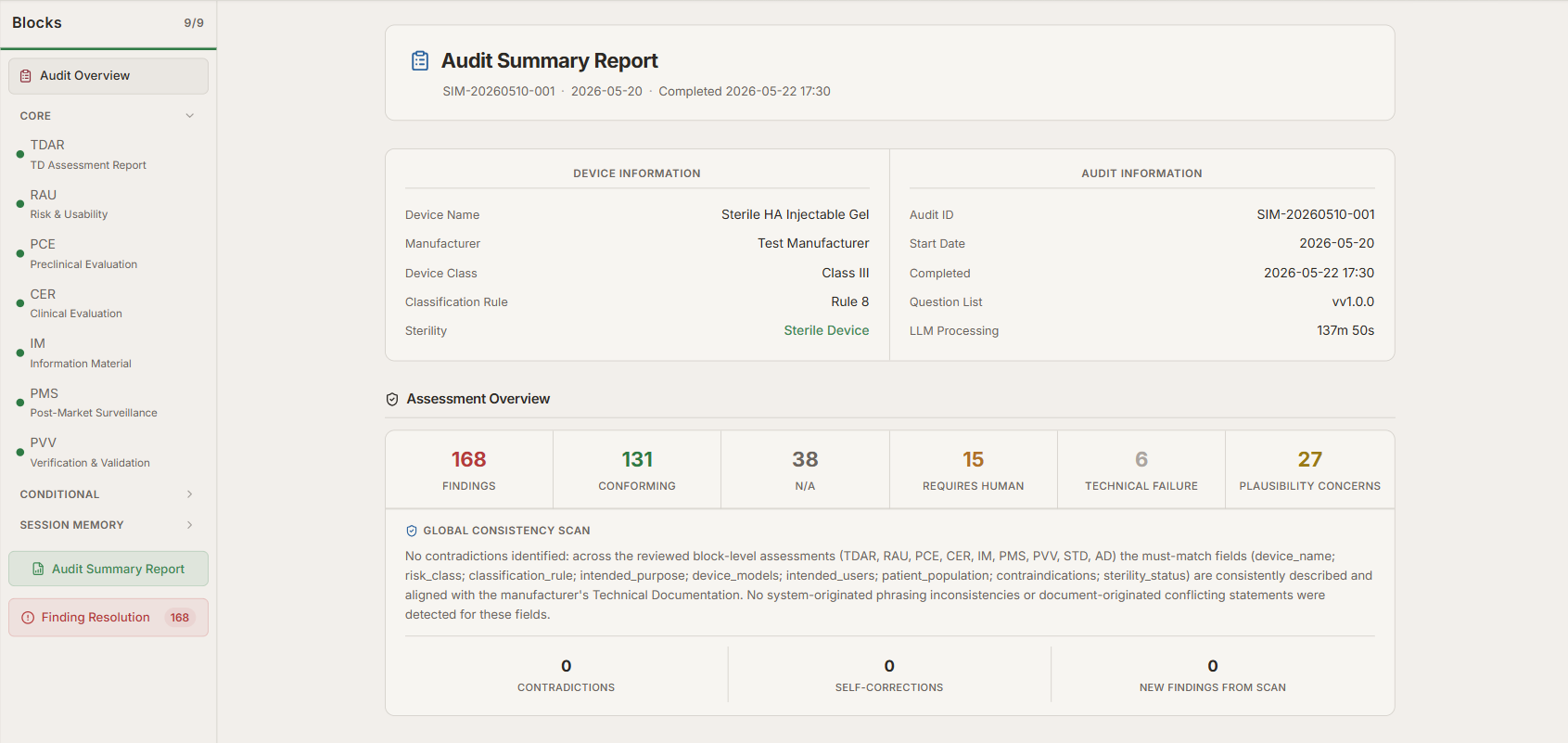 Audit Summary Report showing device information, audit metadata, and assessment overview